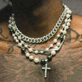 LAYERED PEARL CROSS NECKLACE