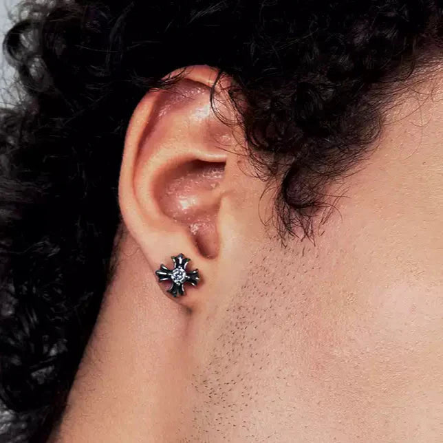 ONYX SPIKED DIAMOND CROSS EARRINGS